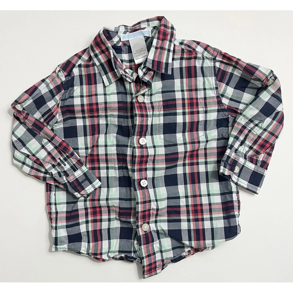 Janie & Jack • Navy Blue and Red Plaid Button Down Shirt